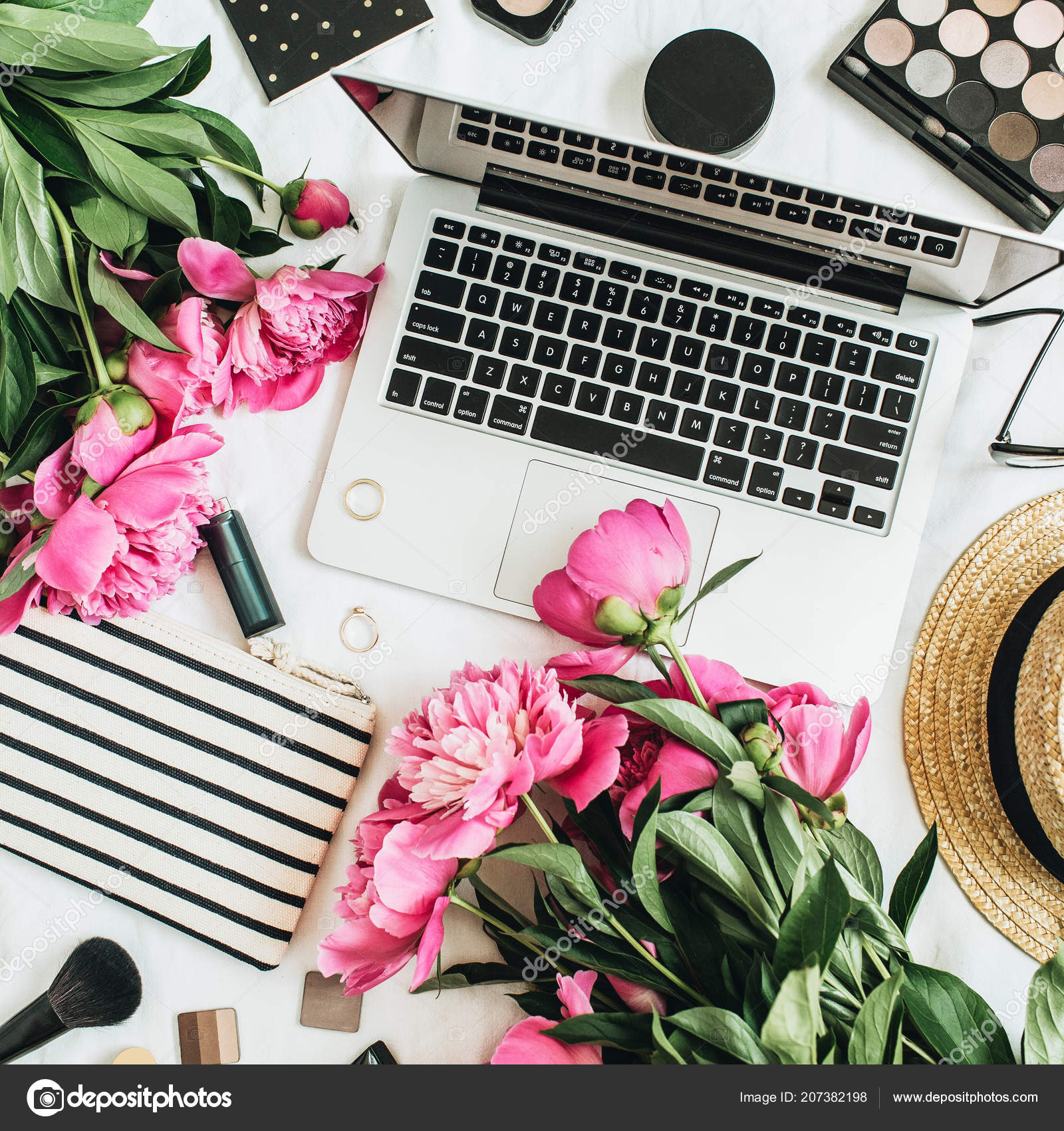 Flat Lay Fashion Feminine Office Desk Laptop Pink Peony Flowers
