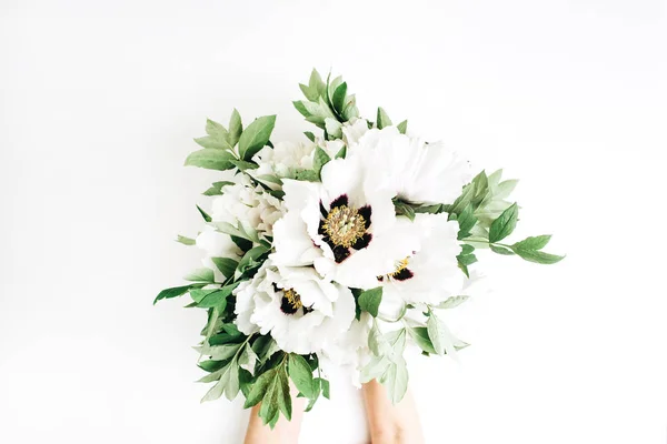 Woman Hands Holding White Peonies Bouquet White Background — Stock Photo, Image