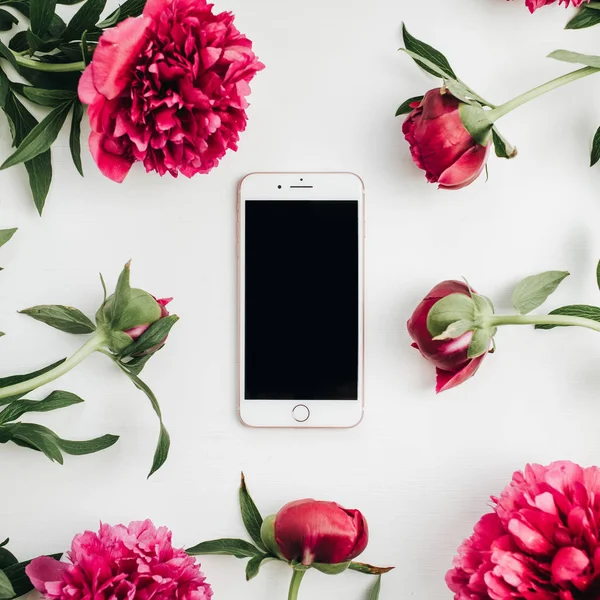 Cell Phone Frame Pink Peonies Flowers White Background Flat Lay — Stock Photo, Image