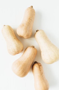 Beyaz zemin üzerine sarı kabak. Sonbahar sonbahar kavramı. Düz yatıyordu, en iyi görünümü.