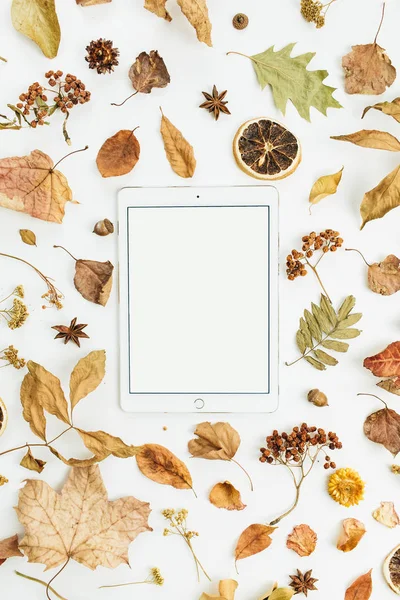 乾燥の秋秋と空白の画面とタブレットの葉 花びらと白い背景のオレンジ フラット横たわっていた トップ ビュー季節の概念 — ストック写真