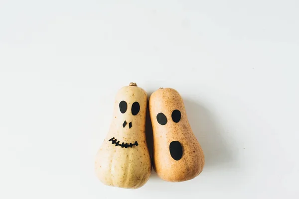 Funny Calabazas Halloween Cara Miedo Sobre Fondo Blanco Piso Laico — Foto de Stock