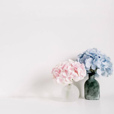 Pembe ve mavi pastel ortanca çiçek buketleri beyaz arka plan üzerinde. En az iç tasarım konsepti.