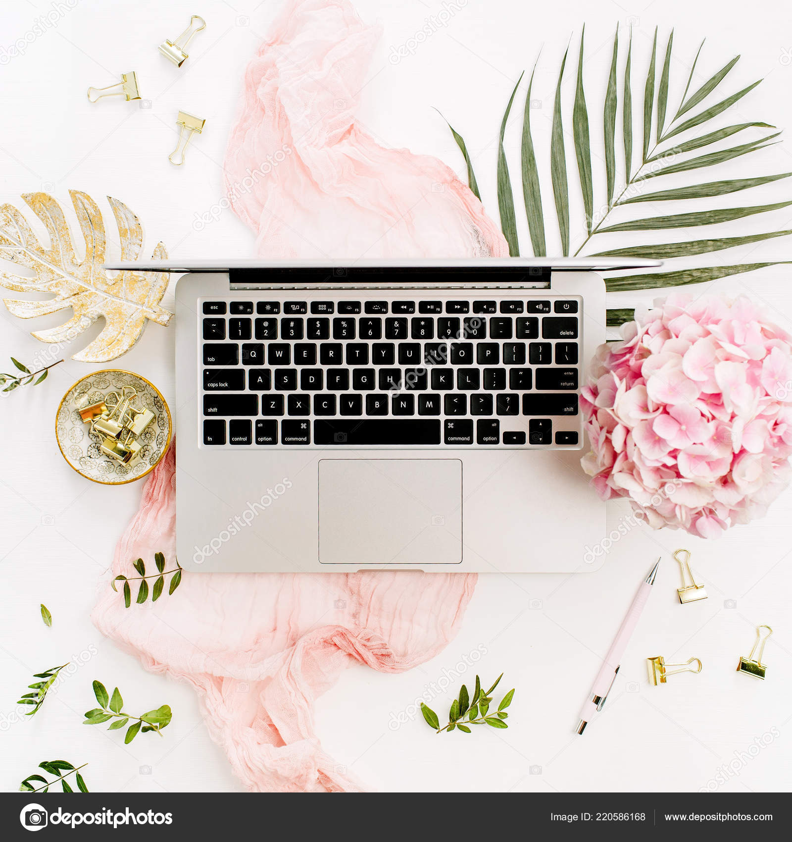 Modern Home Office Desk Workspace Laptop Pink Hydrangea Flowers