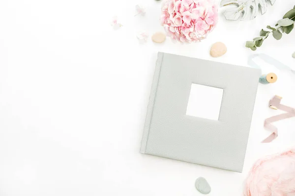 Composition Wedding Family Photo Album Hydrangea Flower Bouquet Eucalyptus Branch — Stock Photo, Image