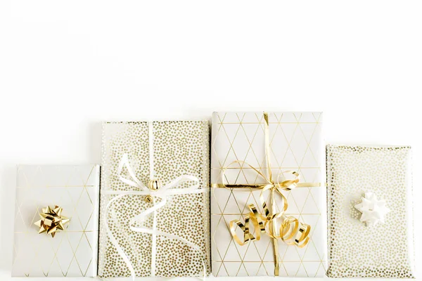 Christmas New Year Gift Boxes White Background Flat Lay Top — Stock Photo, Image
