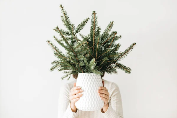 Young Woman White Dress Holding Vase Fir Branches Bouquet Winter — Stock Photo, Image