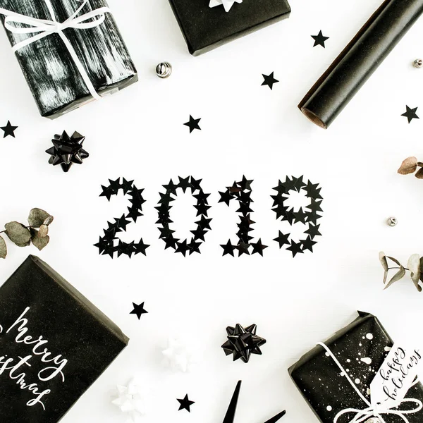 Concepto Año Nuevo 2019 Cajas Regalo Con Cotización Feliz Navidad — Foto de Stock