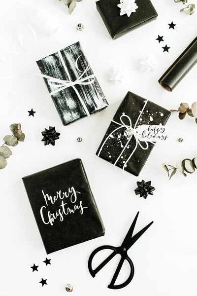 Flat Lay Vista Superior Caixas Presente Com Citação Feliz Natal — Fotografia de Stock