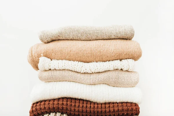 Closeup Warm Winter Sweaters Pullovers Woman Clothes Minimal Fashion Pattern — Stock Photo, Image