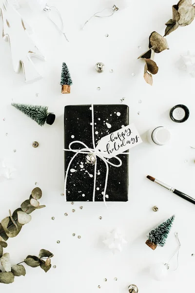 Plat Lag Top Uitzicht Geschenkdozen Met Offerte Happy Holidays Decoraties — Stockfoto