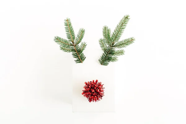 Jul Nyår Minimal Koncept Jul Rådjur Symbol Tillverkad Presentförpackning Fir — Stockfoto