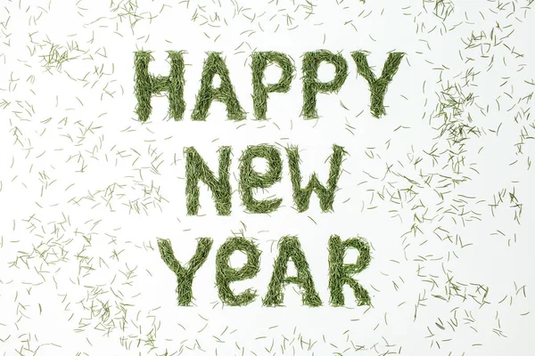 Quote HAPPY NEW YEAR made of conifer needles on white background. Flat lay, top view New Year composition.