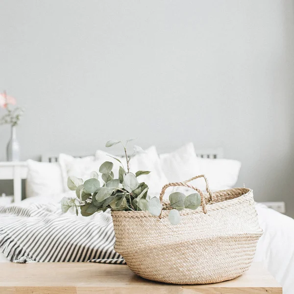 Modern Scandinavian Apartment Interior Design Bed Eucalyptus Branch — Stock Photo, Image
