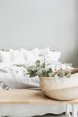 Modern daire iç tasarım. Yatak ve okaliptüs şube.