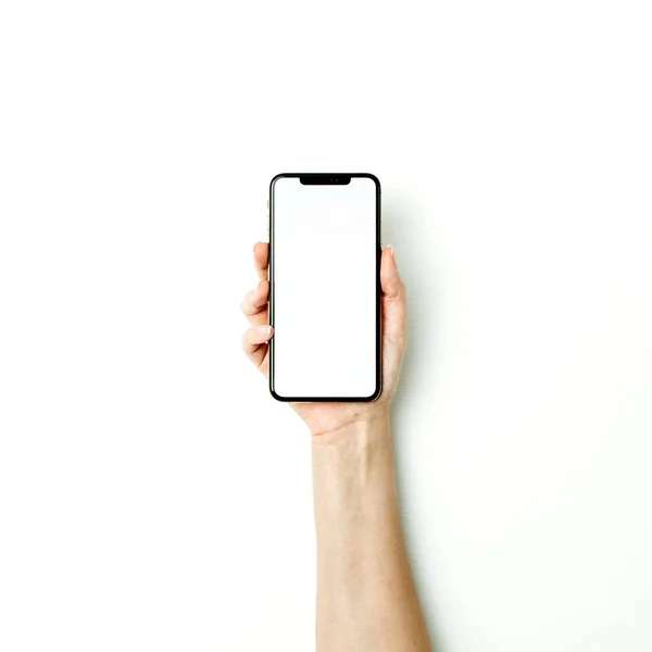 Woman Hand Hold Blank Smart Phone Screen Flat Lay Top — Stock Photo, Image