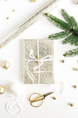 Bir şekilde dekore edilmiş hediye kutusu ve köknar dalı ile şenlikli kompozisyon izole beyaz arka plan üzerinde Noel yakın çekim 