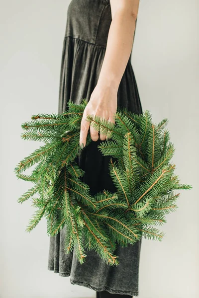 Wreath Frame Made Fir Branches Woman Hands White Background Christmas — Stock Photo, Image