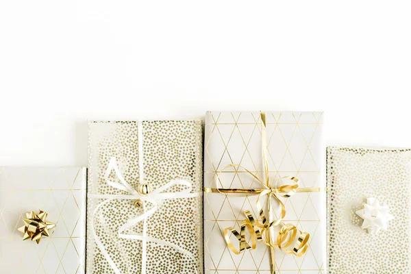 Christmas New Year Gift Boxes White Background Flat Lay Top — Stock Photo, Image