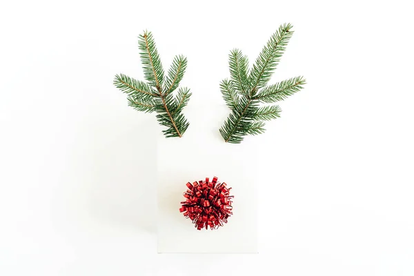 Jul Nyår Minimal Koncept Jul Rådjur Symbol Tillverkad Presentförpackning Fir — Stockfoto