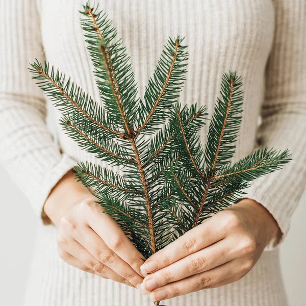 Young Pretty Woman White Dress Holding Fir Branch Winter Christmas — Stock Photo, Image