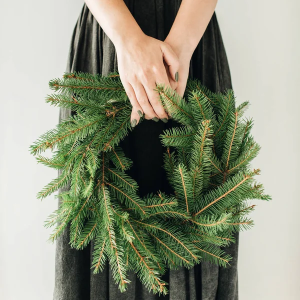 Wreath Frame Made Fir Branches Woman Hands White Background Christmas — Stock Photo, Image