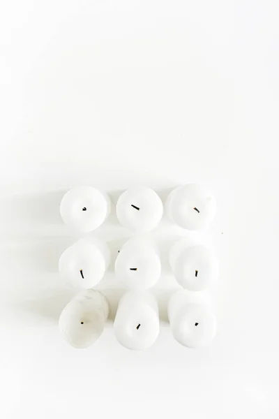 Flatlay Pastel Candles White Background Top View — Stock Photo, Image