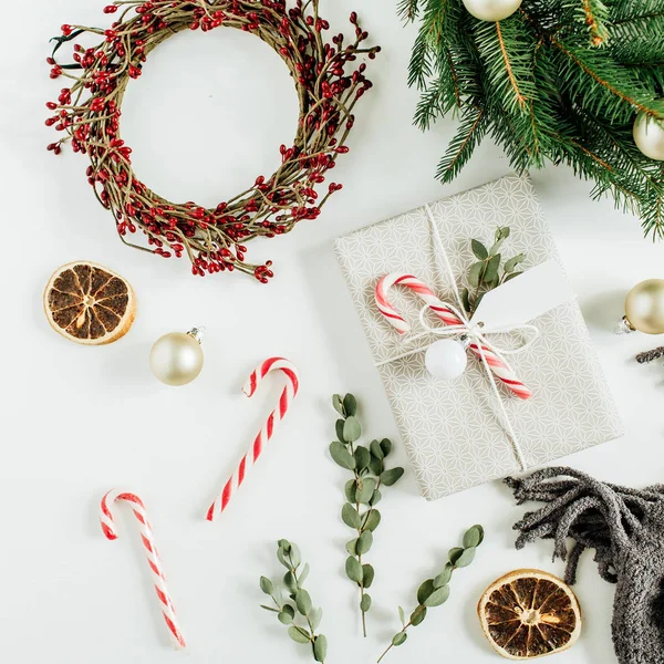 Composição Natal Ano Novo Caixa Presente Molduras Grinalda Ramos Abeto — Fotografia de Stock