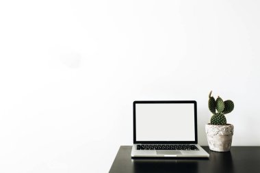 Laptop ile boş mockup perde, beyaz arka plan üzerinde sulu. Çok az ev ofis çalışma alanı kavramı sosyal medya için.