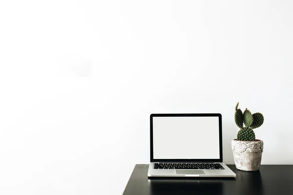 Laptop Met Lege Mockup Scherm Sappige Witte Achtergrond Minimale Thuiskantoor — Stockfoto