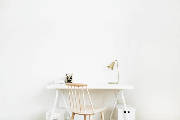 Bright Home Office Desk Workspace Nordic Modern Minimal Interior Design — Stock Photo, Image