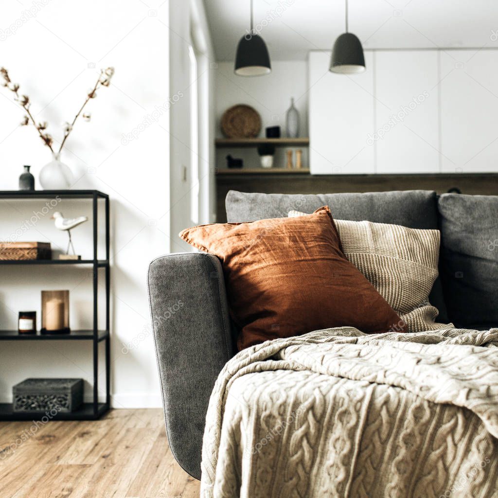 Modern Nordic Scandinavian interior design. Bright open space living room with comfortable couch, knitted plaid, ginger pillow, kitchen, wooden floor. Elegant apartment for rent concept.