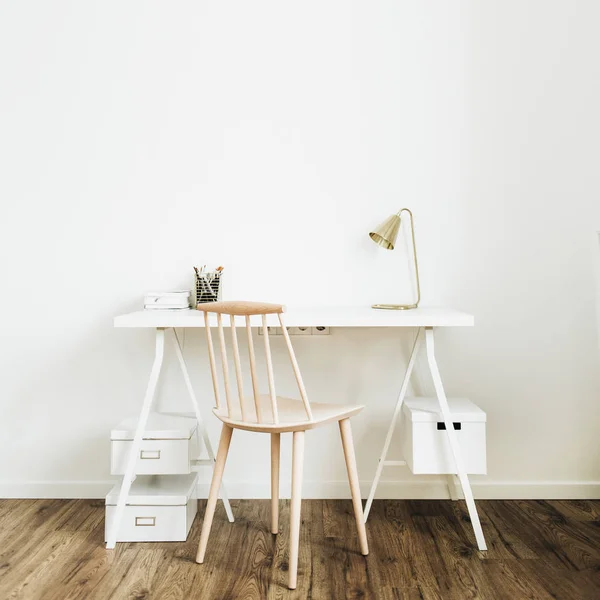 Bright Home Office Desk Workspace Nordic Modern Minimal Interior Design — Stock Photo, Image