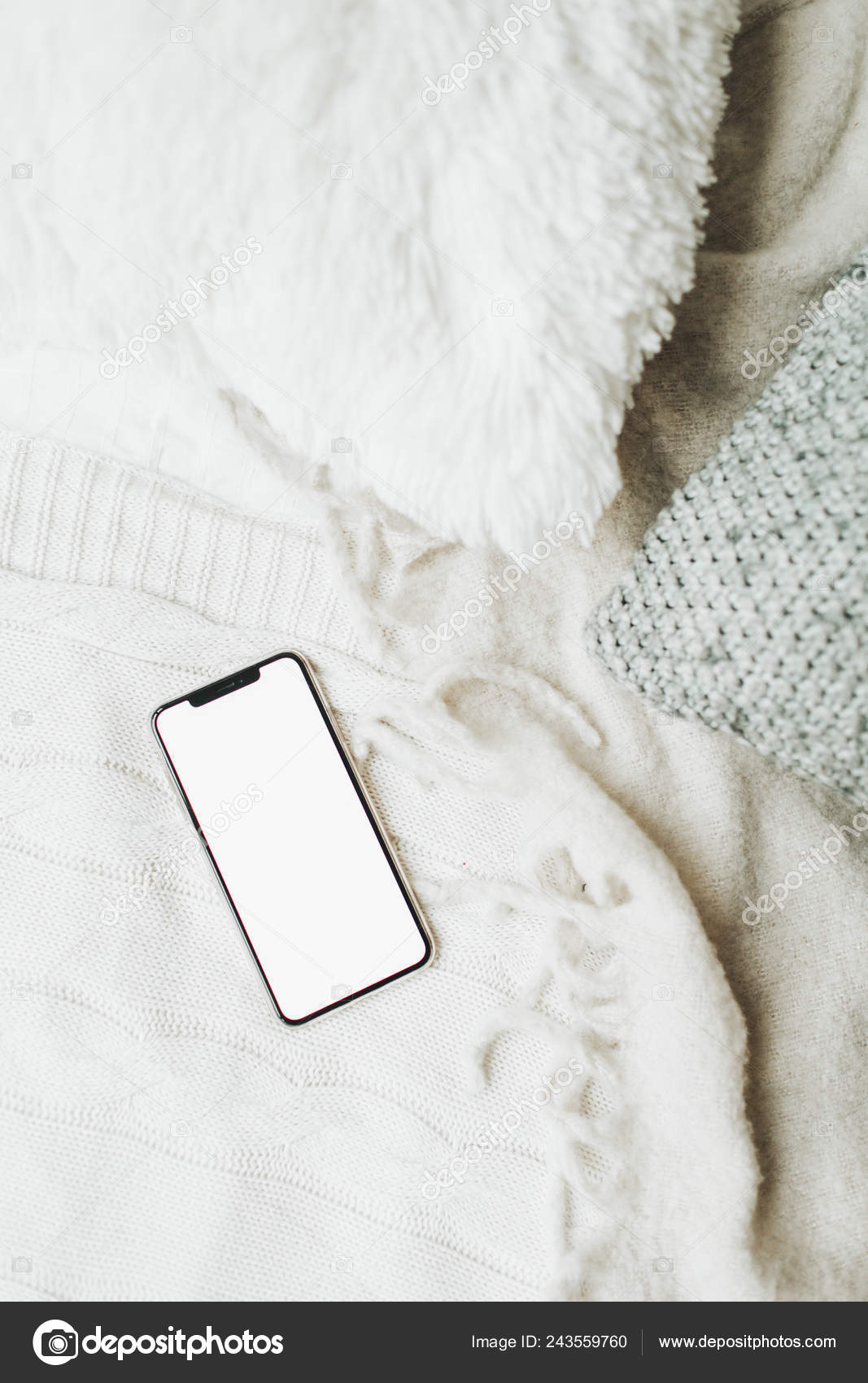 Download Cell Phone Mockup Copy Space Screen White Blanket Social Media Stock Photo Image By C Maximleshkovich 243559760