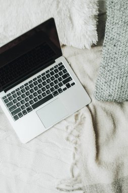 Kanepe yastık ve ekose ile laptop. Bağımsız yaşam tarzı kavramı.