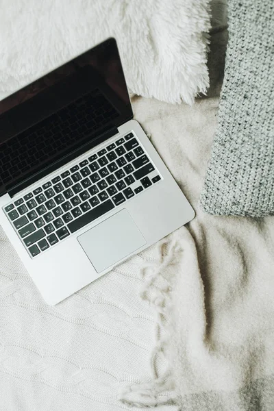 Kanepe yastık ve ekose ile laptop. Bağımsız yaşam tarzı kavramı.