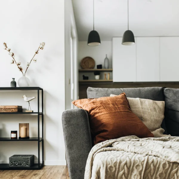 Modern Nordic Scandinavian interior design. Bright open space living room with comfortable couch, knitted plaid, ginger pillow, kitchen, wooden floor. Elegant apartment for rent concept. — Stock Image Modern Nordic Scandinavian Interior Design Bright Open Space Living Room Stock Picture