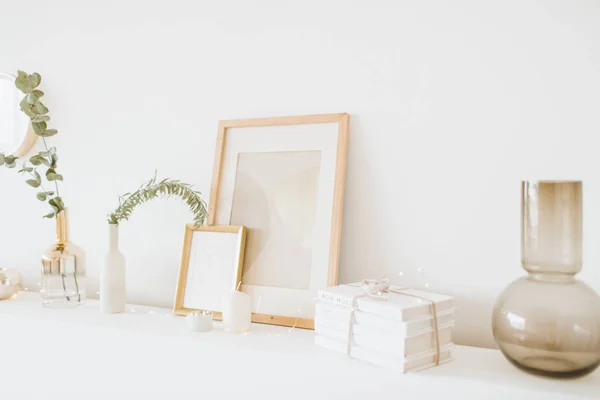 White Table Photo Frame Gift Box Vase Eucalyptus White Wall — Stock Photo, Image