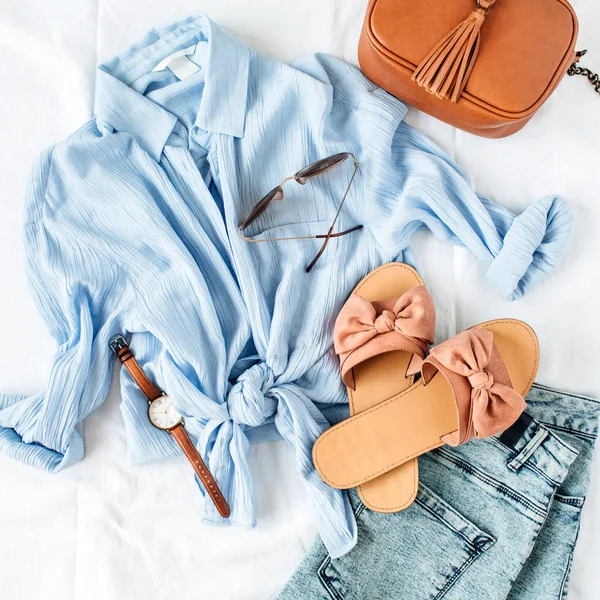 Feminine Summer Fashion Composition Blouse Slippers Purse Sunglasses Watch Jean — Stock Photo, Image