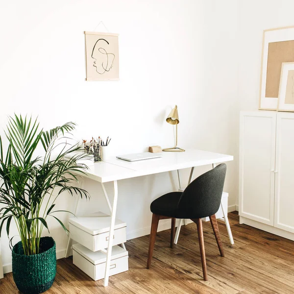 Modern minimal Scandinavian nordic interior design concept. Home office workspace with table, chair, palm. Freelancer styled working cabinet.