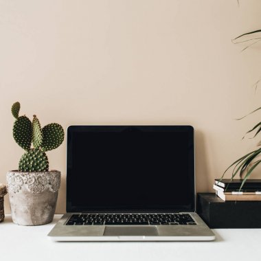 Dizüstü bilgisayar, kaktüs ve bej arka planda palmiye ile minimalist ev ofis masası çalışma alanı. Ön görünüm kopyalama alanı boş alay.