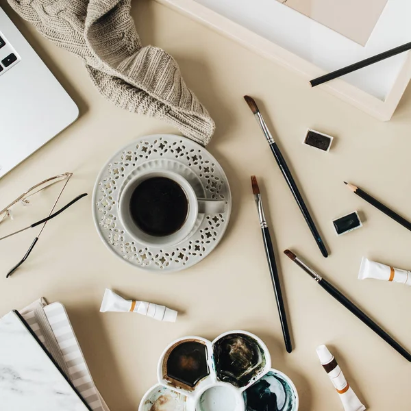 Watercolor Painter Home Office Desk Workspace Beige Background Coffee Cup — Stock Photo, Image