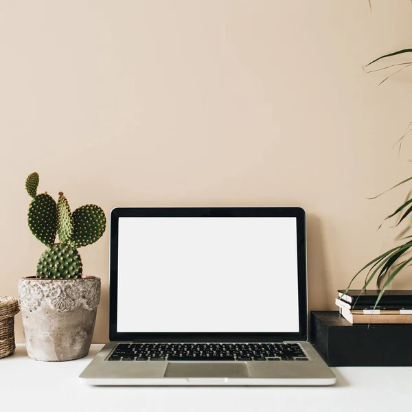 Minimalistyczny Domowy Biurowy Obszar Roboczy Laptopem Kaktus Dłoń Beżowym Tle — Zdjęcie stockowe