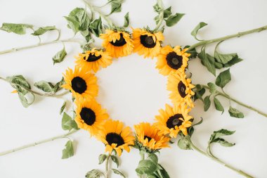 Beyaz arka planda ayçiçeği çelenk çerçevesi. Düz yatıyordu, üst görünüm yaz çiçek mockup şablonu.