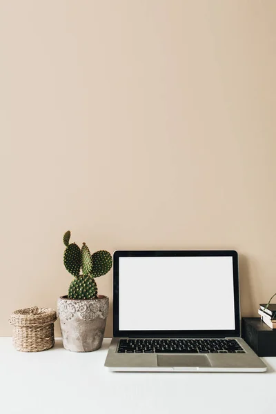 Minimalistischer Homeoffice Schreibtisch Mit Laptop Kaktus Auf Beigem Hintergrund Kopierraum — Stockfoto