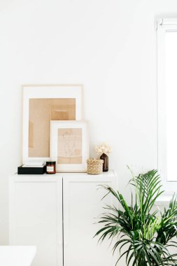 Modern minimal İskandinav İskandinav iç tasarım. Çekmecesandık, fotoğraf çerçeveleri, palmiye ev bitki ve dekor.