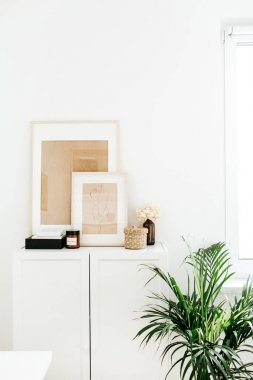 Modern minimal İskandinav İskandinav iç tasarım. Çekmecesandık, fotoğraf çerçeveleri, palmiye ev bitki ve dekor.