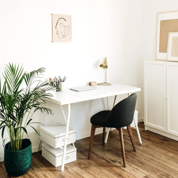 Modern minimal Scandinavian nordic interior design concept. Home office workspace with table, chair, palm.