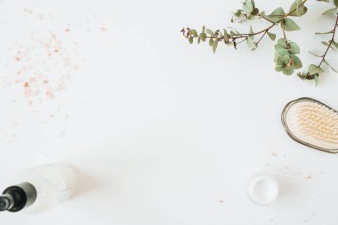 Kopya alanı ile Sağlık spa konsepti sıvı sabun şişesi, okaliptüs, beyaz arka plan üzerinde saç fırçası ile alay. Düz lay, üst görünüm güzellik cilt bakım kompozisyon.