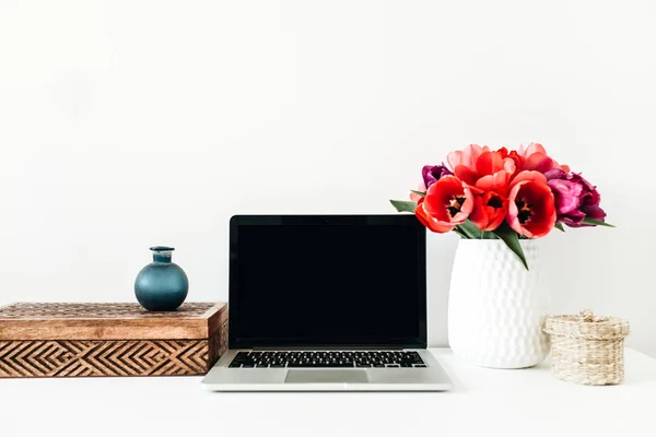 Home Office Background Copy Space Laptop Tulip Flowers Bouquet Decorations — Stock Photo, Image